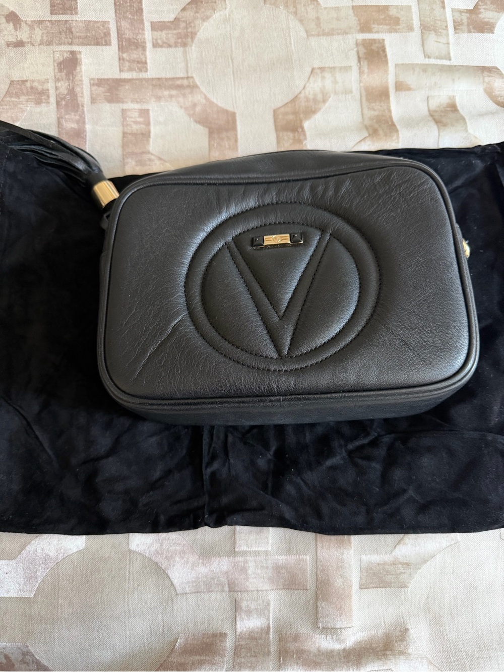 Mario Valentino Black Leather Men’s Crossbody Bag with Embossed Logo